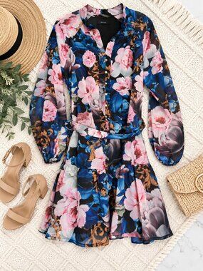 ZESICA Size XL Floral Chiffon Belted Mini Dress Long Sleeve Boho NWT